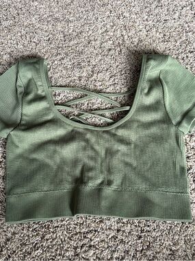 aerie Olive Ribbed Crisscross Short-Sleeve Crop Top